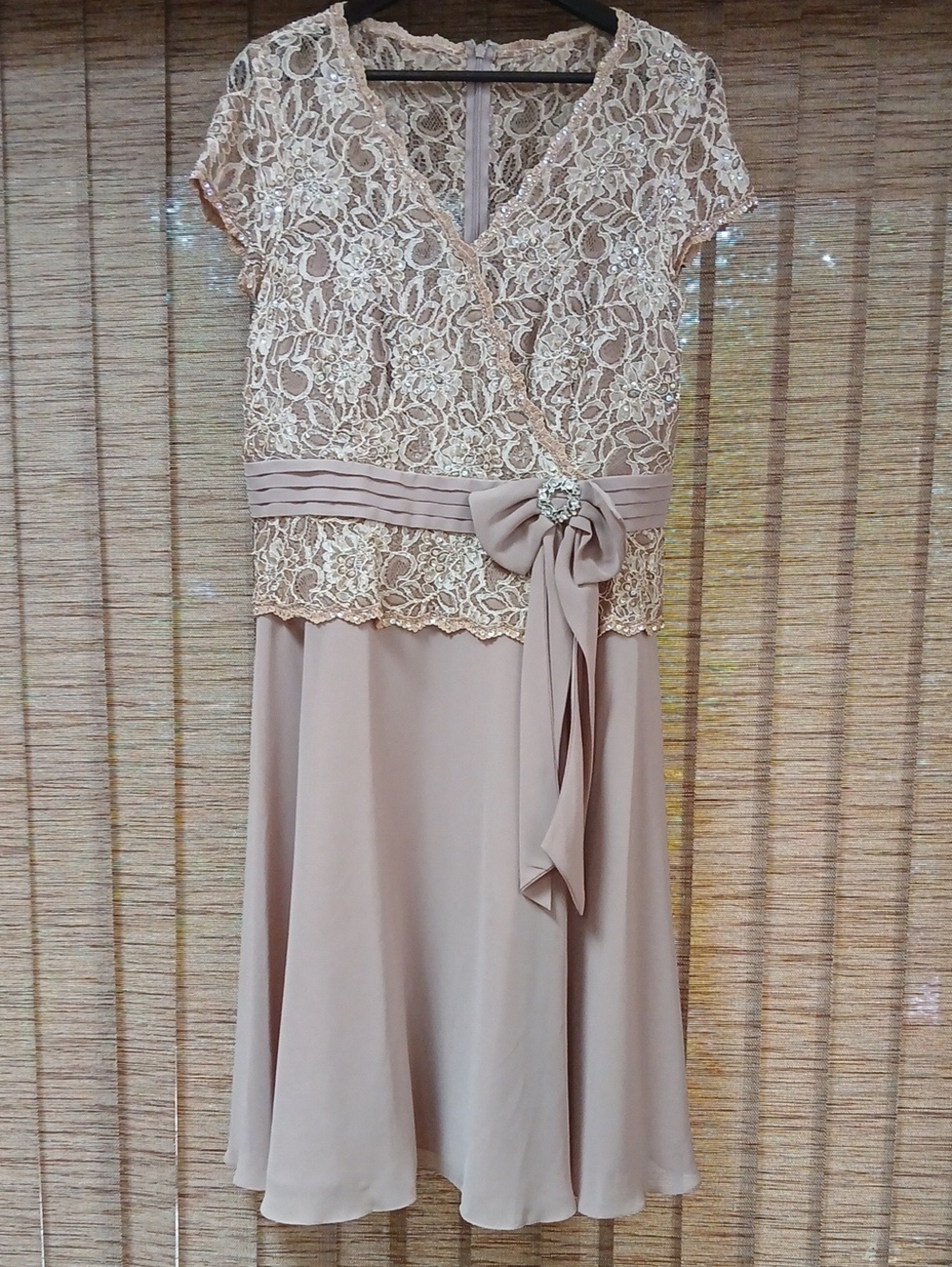 Milla Bell Gold Lace Chiffon Dress with Bow Accent